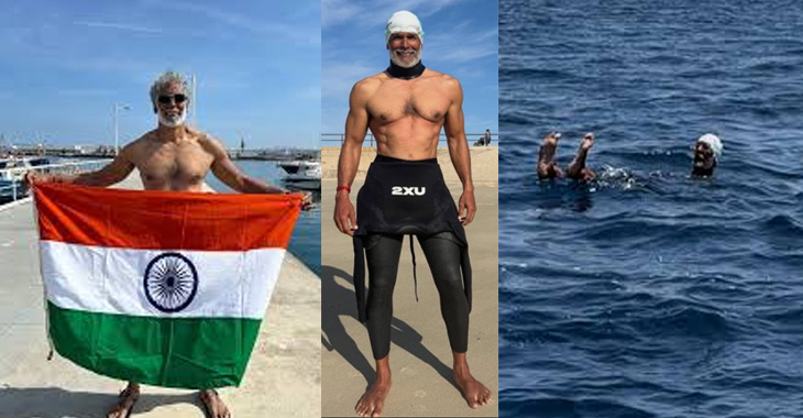 Milind Soman swims across the Strait of Gibraltar from Europe to Africa